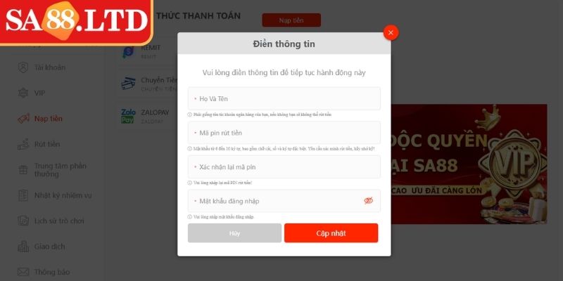 Hướng dẫn đầy đủ cách nạp tiền SA88
