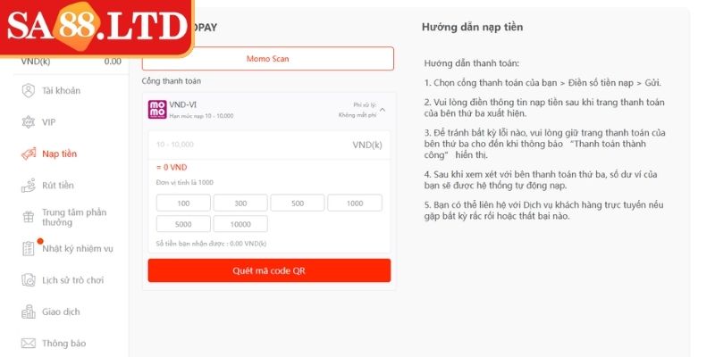 Thông tin nạp tiền SA88 không chính xác